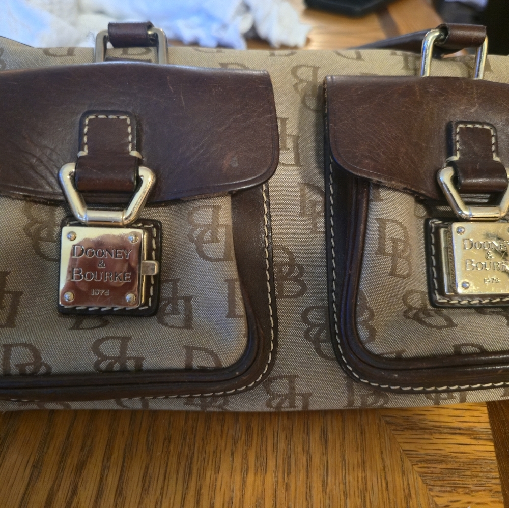 Dooney & Bourke Double Pocket w/ Locks Leather / Signature Canvas Satchel Purse - Picture 9 of 10